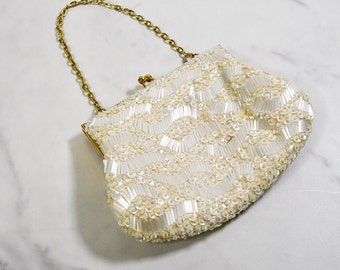 Vintage Beaded Purse | White Iridescent Pastel Glass and Sequin Beads | Wedding Formal Evening Bag