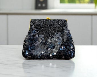Vintage Black Beaded Evening Bag – GOLDCO Sequin Purse with Gold Chain Strap