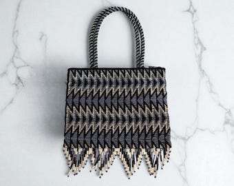 1980s Art Deco Beaded Evening Bag: Black Silver Zigzag Clutch with Fringe