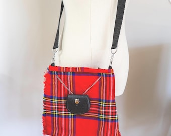 Vintage Red Tartan Crossbody Bag with Attached Coin Purse