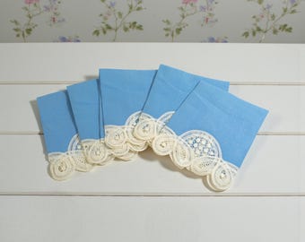 Set of 6 Vintage Blue Linen & White Lace Cloth Napkins