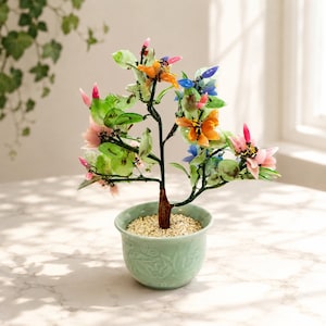 Vintage Glass Blossom Bonsai Tree, Handcrafted Floral Sculpture, Celadon Pot Decor