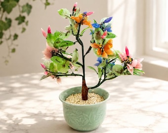 Vintage Glass Blossom Bonsai Tree, Handcrafted Floral Sculpture, Celadon Pot Decor