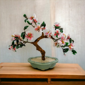 Vintage Pink Glass Blossom Oriental Jade Tree in Ceramic Pot Decorative Bonsai Sculpture image 1