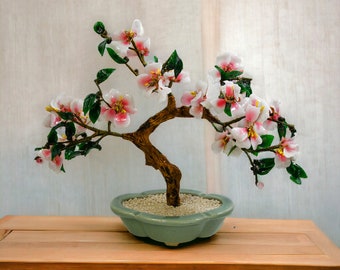 Vintage Pink Glass Blossom Oriental Jade Tree in Ceramic Pot | Decorative Bonsai Sculpture