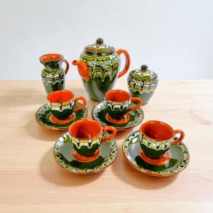 Troyan Pottery Tea Set – Vintage Bulgarian Redware with Peacock Eye Pattern, 11 Pc