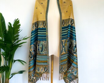 Pashmina Silk Scarf | Shawl Evening Wrap | Reversable Black Beige Paisley with Fringe