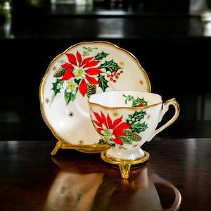 Vintage Queen Anne Noel Teacup and Saucer, Bone China England Poinsettia Pattern