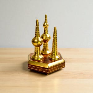 Brass and Wood Ring Holder –3-Peg Spire Design, Made in India, 4 1/2&quot; Tall