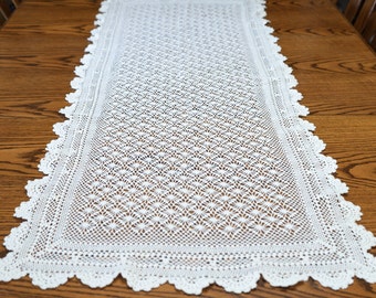 Large Handmade White Crochet Table Runner | Vintage Rectangular Crocheted Doily Centerpiece