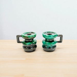 Vintage Blue Mountain Pottery Candle Holders – Green Drip Glaze Modernist Pair