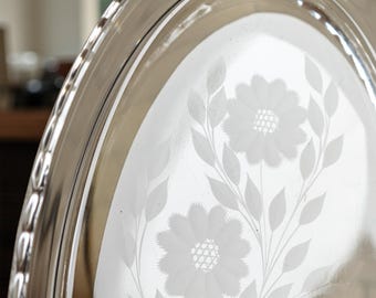 plateau en verre gravé vintage, plateau de service floral ovale avec poignées, plat à bijoux de vanité