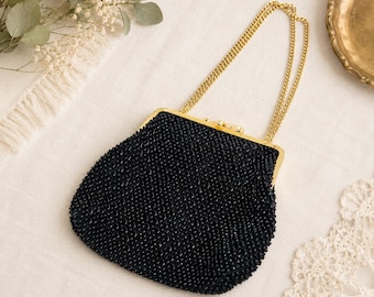 Vintage Black Beaded Evening Purse Gold Chain Strap