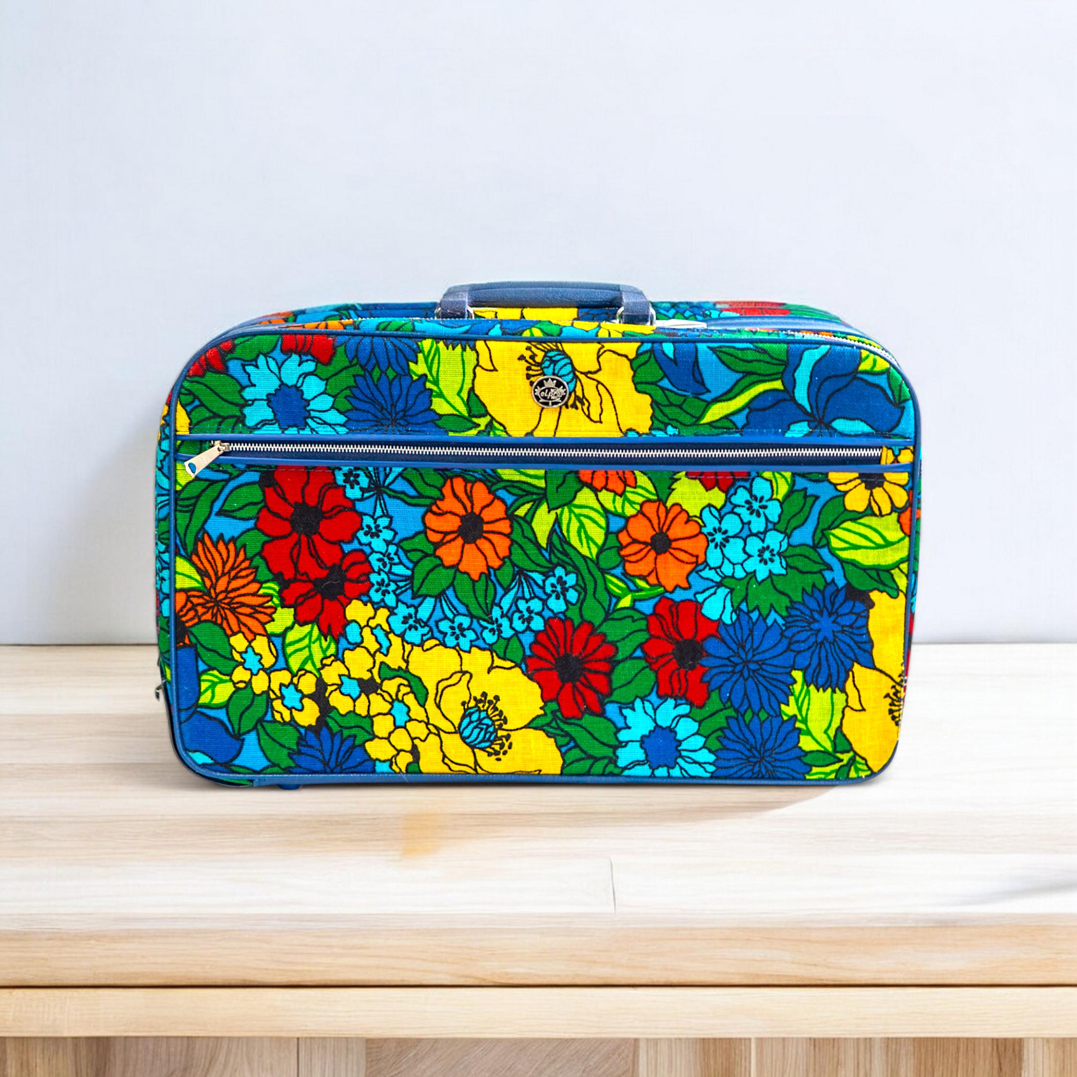 Vintage 70s Floral Hard Side Suitcase by Elpro | Blue Vinyl Trim