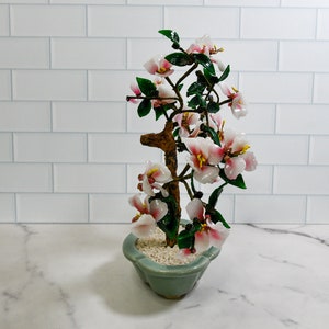 Vintage Pink Glass Blossom Oriental Jade Tree in Ceramic Pot Decorative Bonsai Sculpture image 5