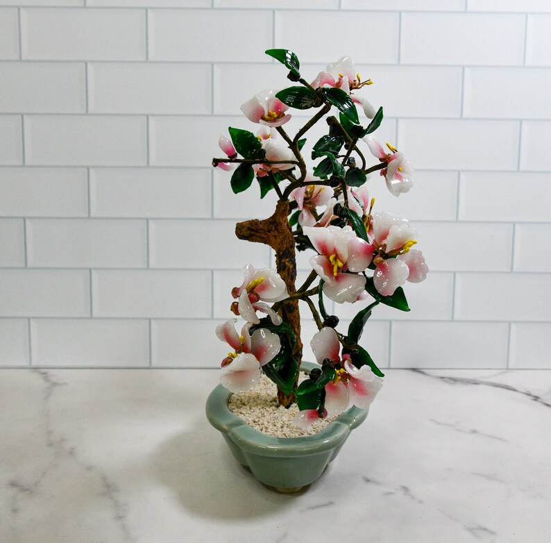 Vintage Pink Glass Blossom Oriental Jade Tree in Ceramic Pot Decorative Bonsai Sculpture image 5