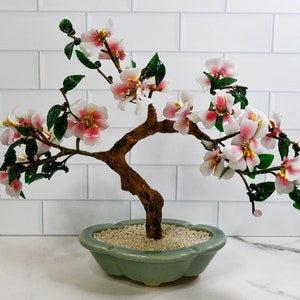 Vintage Pink Glass Blossom Oriental Jade Tree in Ceramic Pot Decorative Bonsai Sculpture image 2