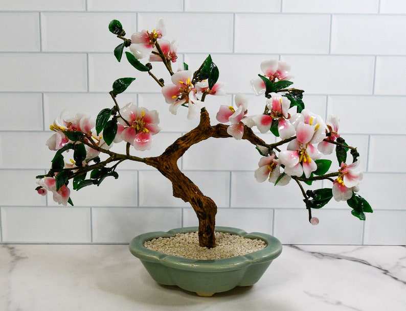 Vintage Pink Glass Blossom Oriental Jade Tree in Ceramic Pot Decorative Bonsai Sculpture image 2