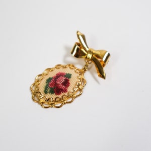 Vintage Needlepoint Flower Pin Petit Point Rose Dangle Brooch image 2