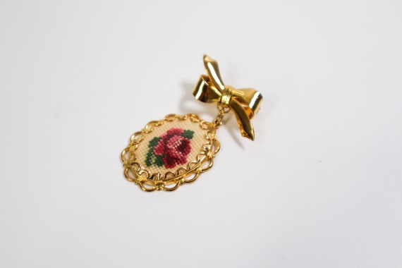 Vintage Needlepoint Flower Pin | Petit Point Rose… - image 2