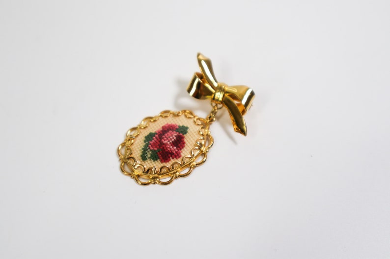 Vintage Needlepoint Flower Pin Petit Point Rose Dangle Brooch image 2