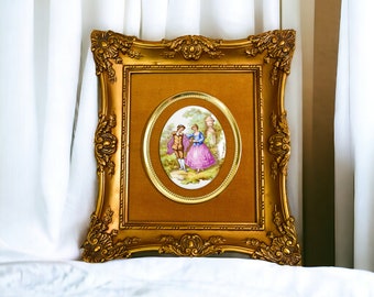 Vintage Italian Art Wall Hanging | Gold Framed Porcelain Fragonard Cameo