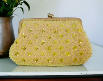 sac à main d’embrayage de perles vintage | Sac de soirée perlé jaune et doré