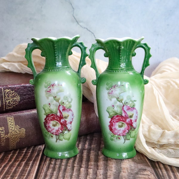 Antique Green Floral Porcelain Vase Etsy