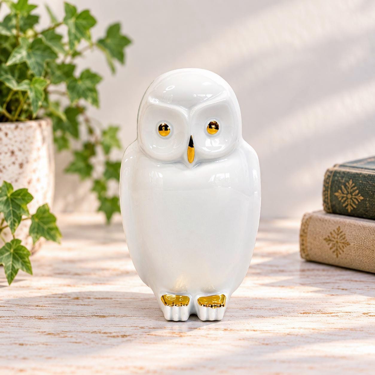 Vintage Family Treasure Germany Porcelain Owl, White Gold Gilt Bavarian Figurine