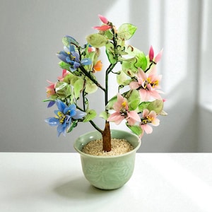 Vintage Glass Blossom Bonsai Tree, Handcrafted Floral Sculpture, Celadon Pot Decor