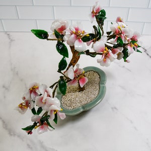 Vintage Pink Glass Blossom Oriental Jade Tree in Ceramic Pot Decorative Bonsai Sculpture image 3