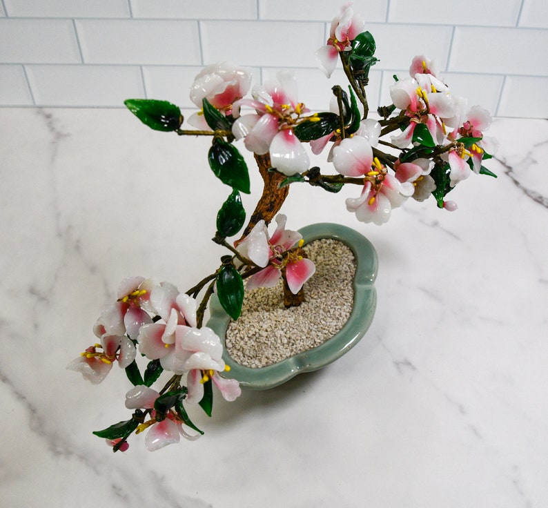 Vintage Pink Glass Blossom Oriental Jade Tree in Ceramic Pot Decorative Bonsai Sculpture image 3