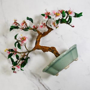 Vintage Pink Glass Blossom Oriental Jade Tree in Ceramic Pot Decorative Bonsai Sculpture image 4