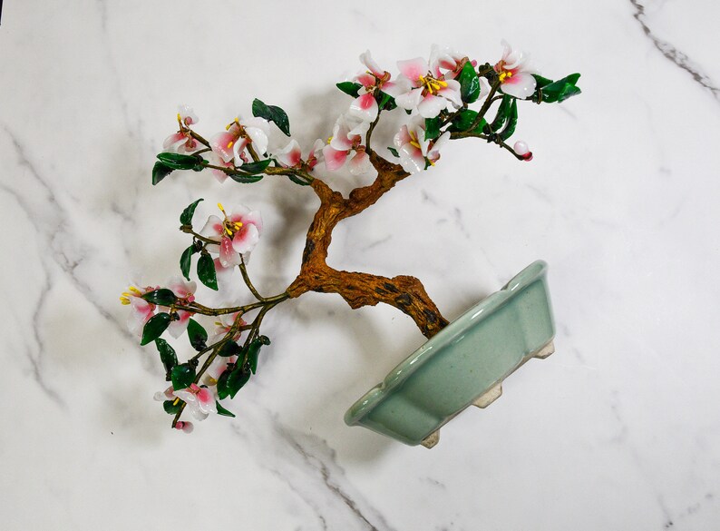Vintage Pink Glass Blossom Oriental Jade Tree in Ceramic Pot Decorative Bonsai Sculpture image 4