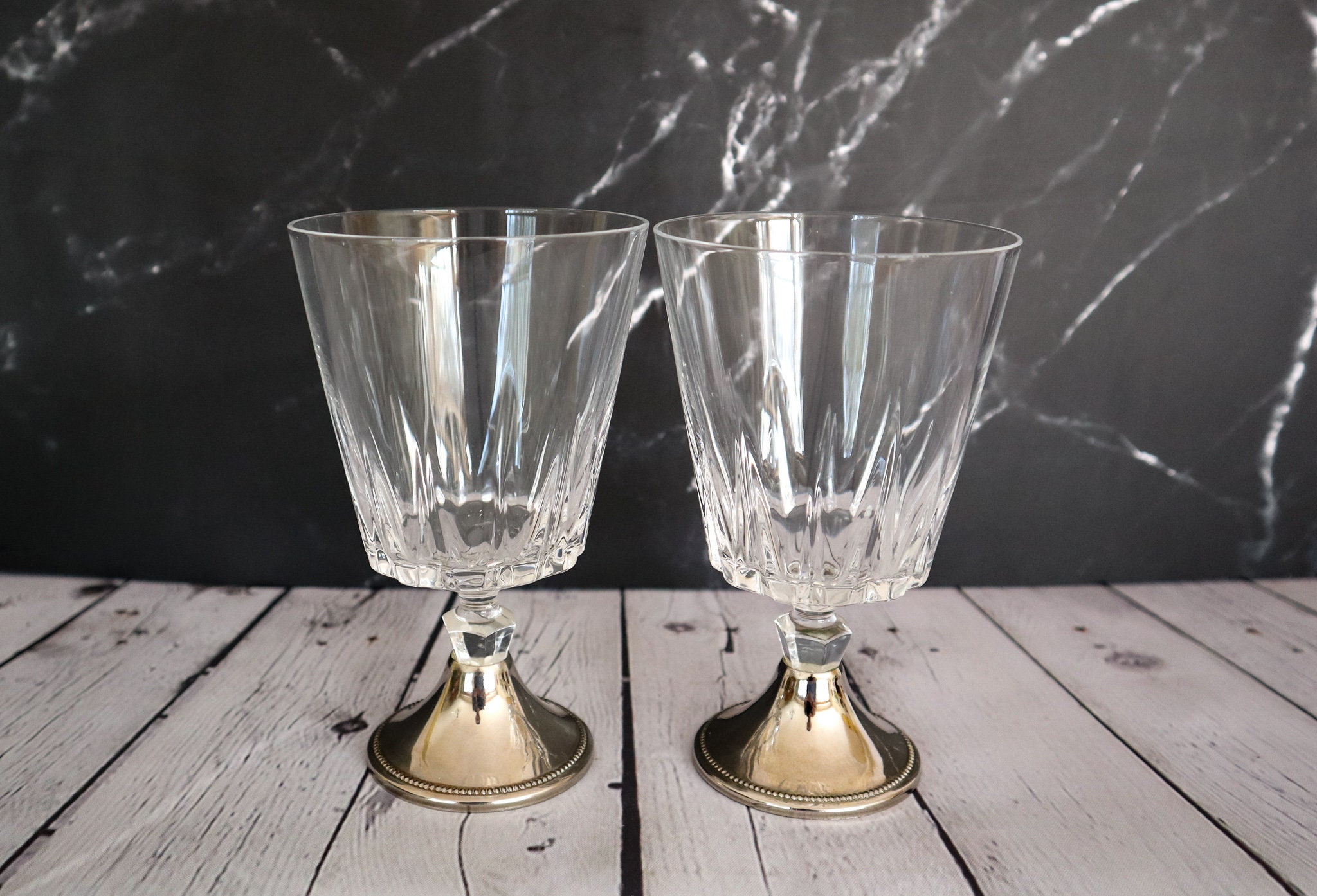 (2) Balloon Wine Goblets Glasses Crystal w/ Metal silverplated stems &  bases MCM
