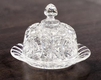 Vintage Pinwheel Cut Crystal Butter Dish, Covered Glass Server, Star Pattern