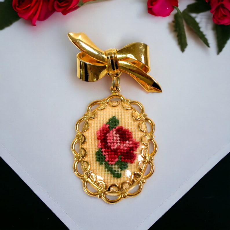 Vintage Needlepoint Flower Pin Petit Point Rose Dangle Brooch image 1