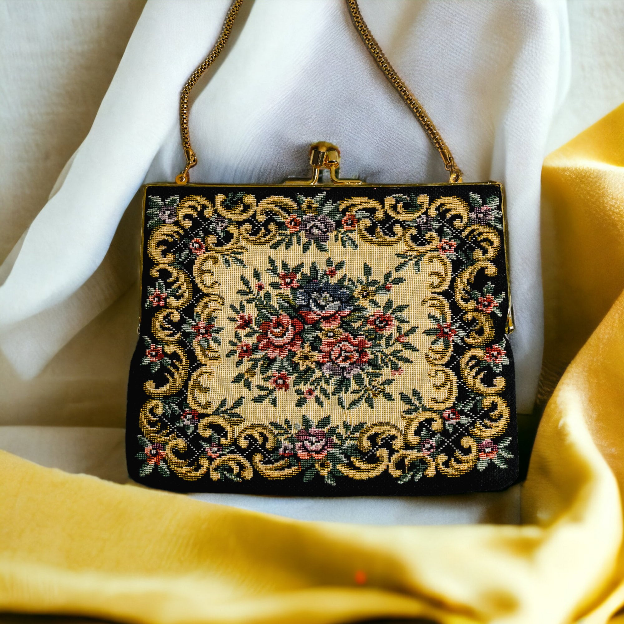 Vintage Floral Tapestry Purse Mid Century Evening Bag 
