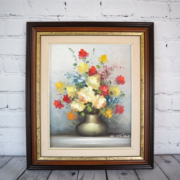 Framed Floral Oil Painting on Canvas | Vintage Mid Century Original Art | Signed Flower Still Life