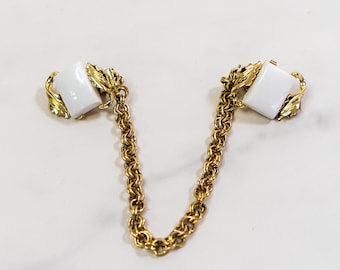 Vintage Sweater Guards | Thermoset White Lucite Sweater Clips and Gold Tone Chain