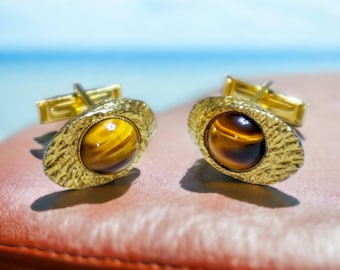 Vintage Tiger Eye Gemstone Cufflinks | Mid Century Gold Tone Cuff Links