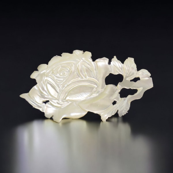 Hand Carved Mother of Pearl Shell Brooch | Vintage Seashell Carving Pin | Rose Flower