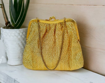 Vintage Metallic Gold Thread Fabric Purse | Mid Century Evening Bag