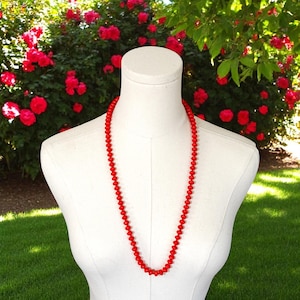 Red Glass Bead Necklace – 29 Inch Rockabilly Style Vintage Jewelry