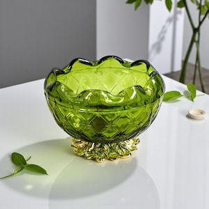 Indiana Glass Green Compote Bowl Quilted Diamond Pattern Gold Base