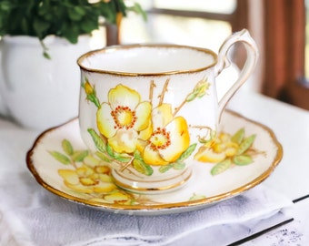 Royal Albert Porcelain Teacup | Vintage Yellow Floral Tea Cup and Saucer | Bone China | Wild Rose Series