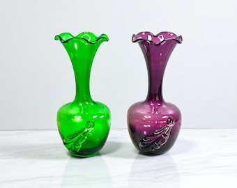 Vintage Handblown Glass Bud Vases, Green & Purple, Set of 2