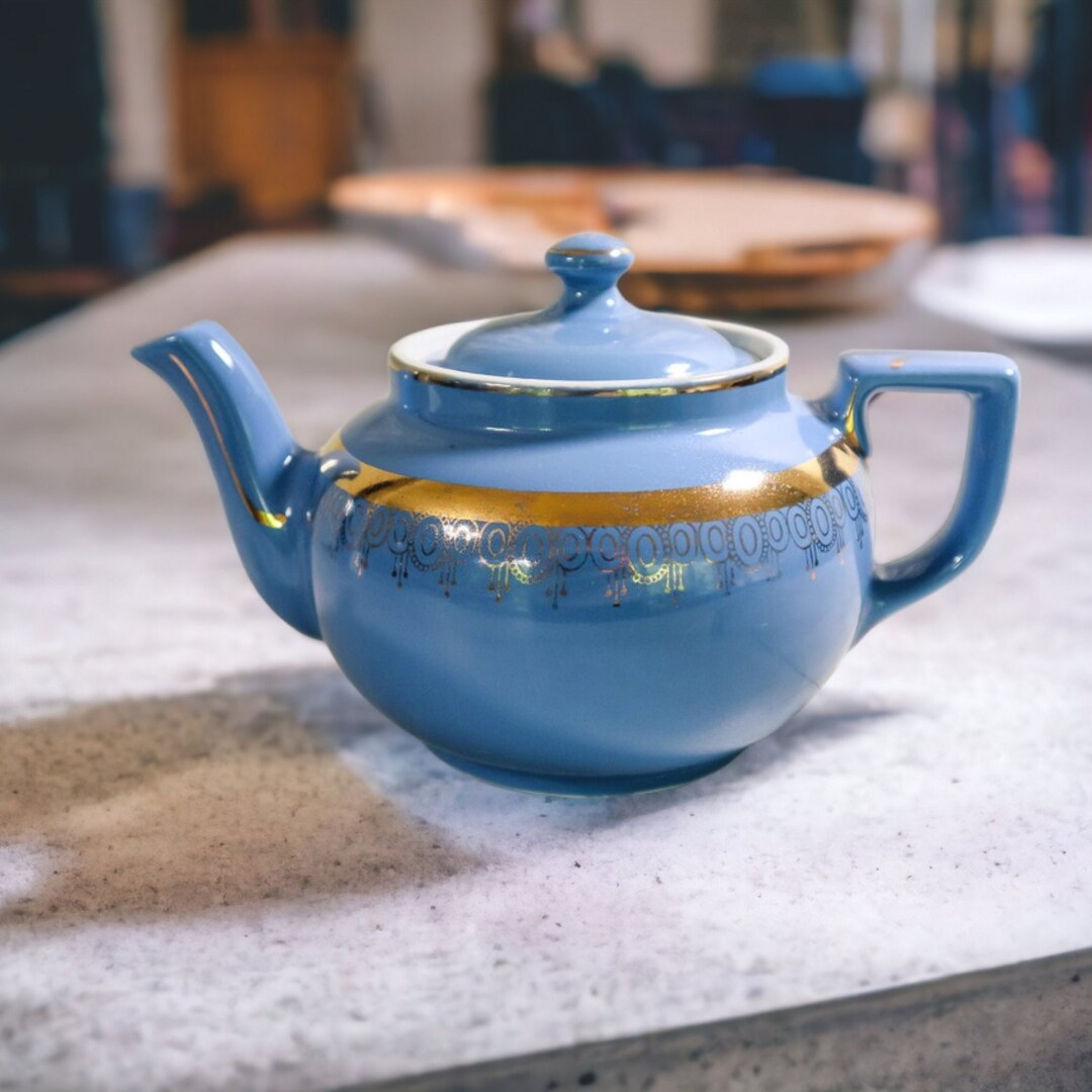 Vintage HALL Teapot Ceramic Porcelain Tea Pot Periwinkle Blue With Gold