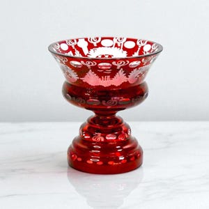 Egermann Bohemian Ruby Glass Compote Vintage Czech Crystal Etched Pedestal Dish