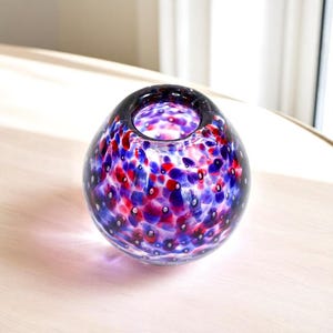 Hand-Blown Art Glass Bud Vase: Purple Red Blue Swirl, 4 Inch